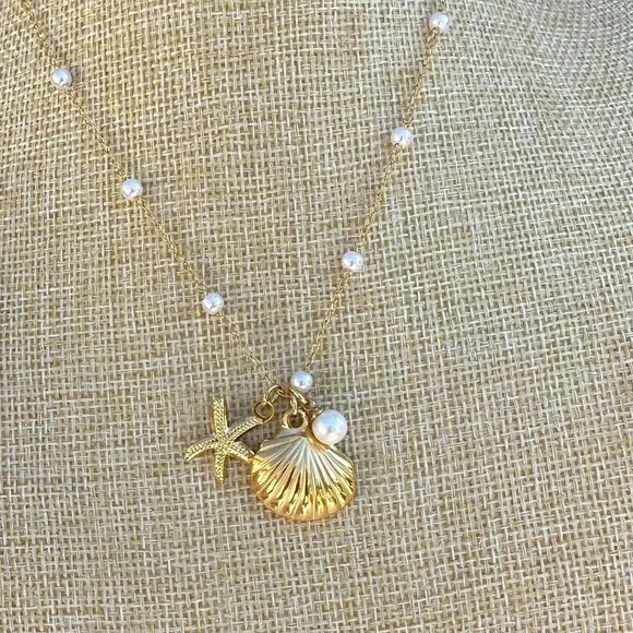 Starfish Seashel Pearl 18KGold Plated Stainless Steel Waterproof Necklace - Picture 14 of 17
